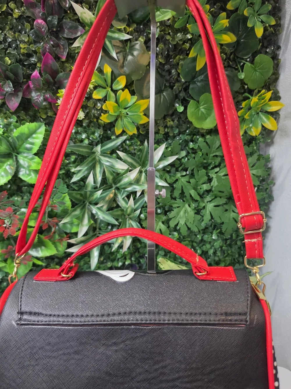 Black and Red Women's Satchel with Graphic Face Detail